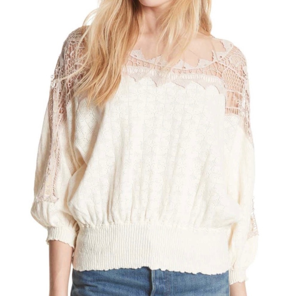 Free People Love Lace Sweater Ivory/Pink Sz Med